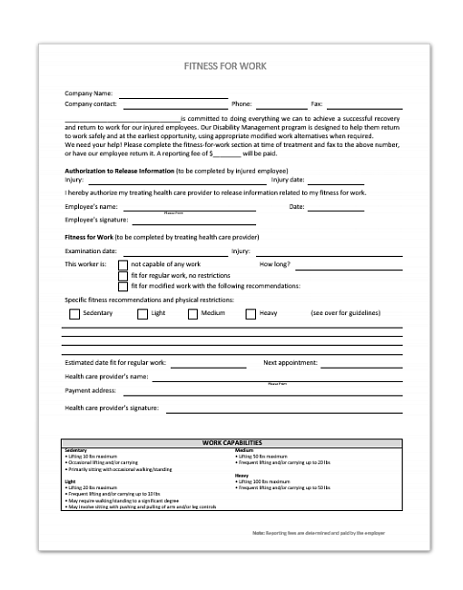 Fitness For Duty Form Template